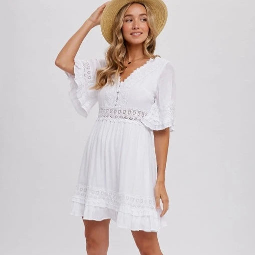 Women's Lace V-Neck Open Tie Back Mini Dress in Ivory