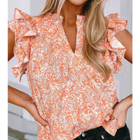Women's Floral Ruffle Sleeve Split Neck Blouse in Orange