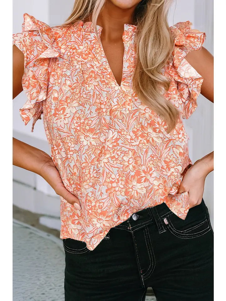 Women's Floral Ruffle Sleeve Split Neck Blouse in Orange