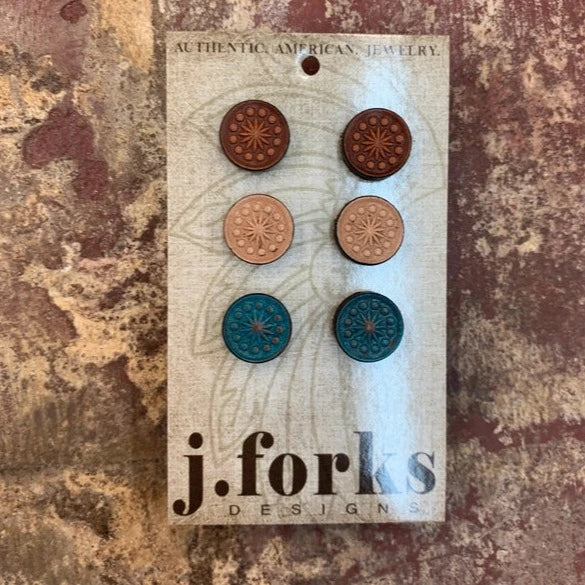 J Forks Natural/Light Natural/Turquoise Leather Stud Earrings 3 Pack