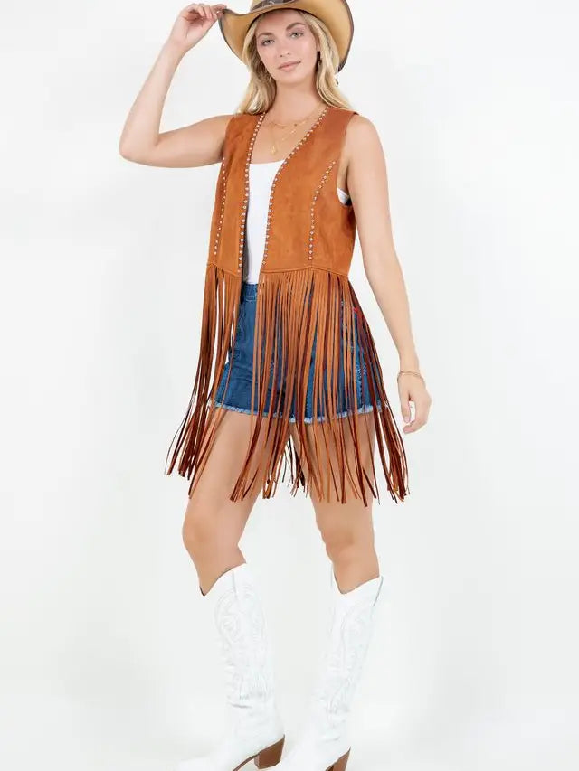 Women's Studded Long Fringe Faux Suede Vest (Available in Two Colors)