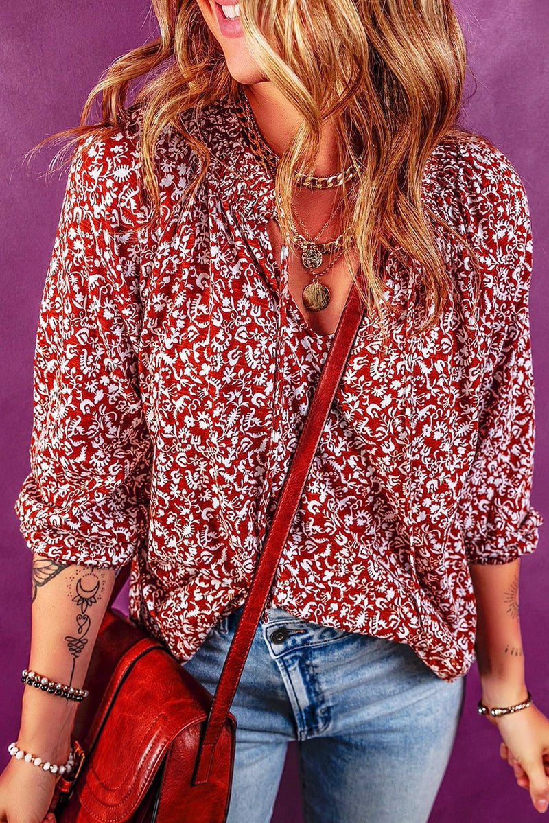 Women's Red and White Western Floral Print Blouse