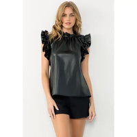 Women's S/S Pleather Ruffled Sleeve Top in Black