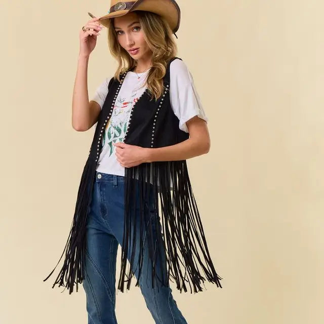 Women's Studded Long Fringe Faux Suede Vest (Available in Two Colors)