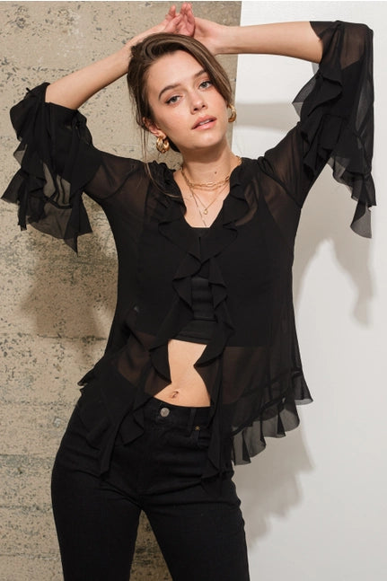 Women's L/S Sheer Chiffon Flutter Sleeve Blouse in Black