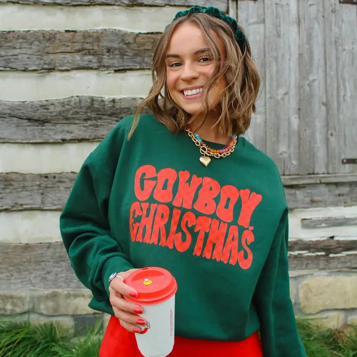 Women's Western Cowboy Christmas Sweatshirt in Green Small
