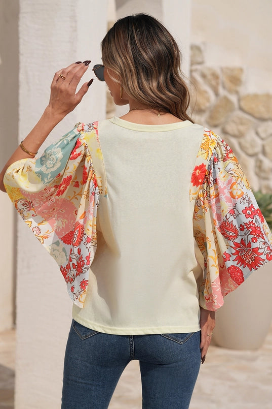 Women's Floral Batwing Blouse in Beige