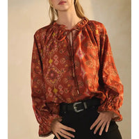 Women's L/S Satin Twill Aztec Print Blouse in Terracotta (Available in Regular and Plus Sizes)