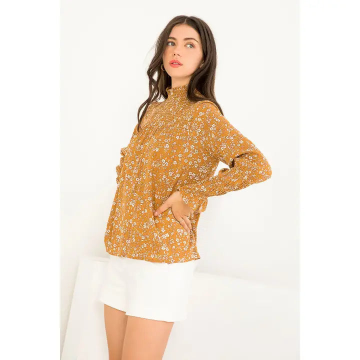 Women's L/S Smocked Floral Print Blouse in Mustard