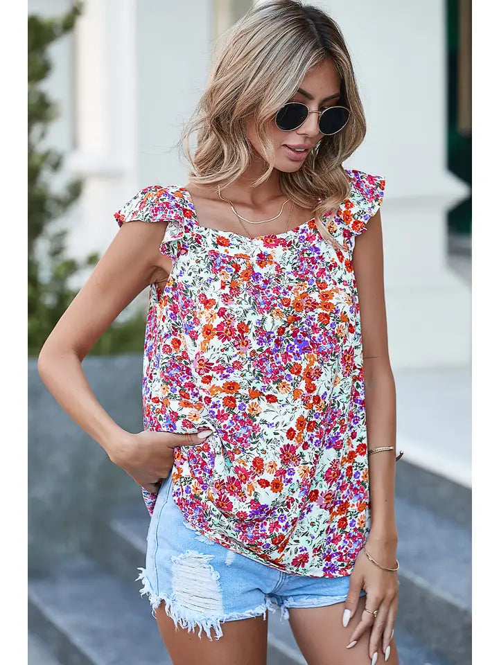 Women's Rose Red Floral Square Neck Flutter Tank Top