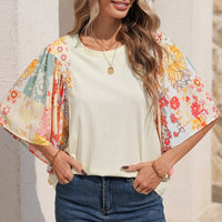 Women's Floral Batwing Blouse in Beige