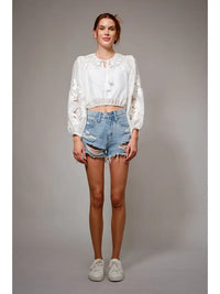 Women's L/S Tie Neck Lace Embroidered Cropped Blouse in White