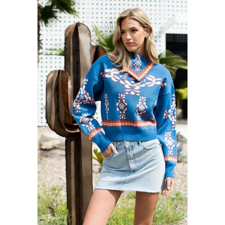 Women's L/S Scarf Neck Print Sweater in Blue