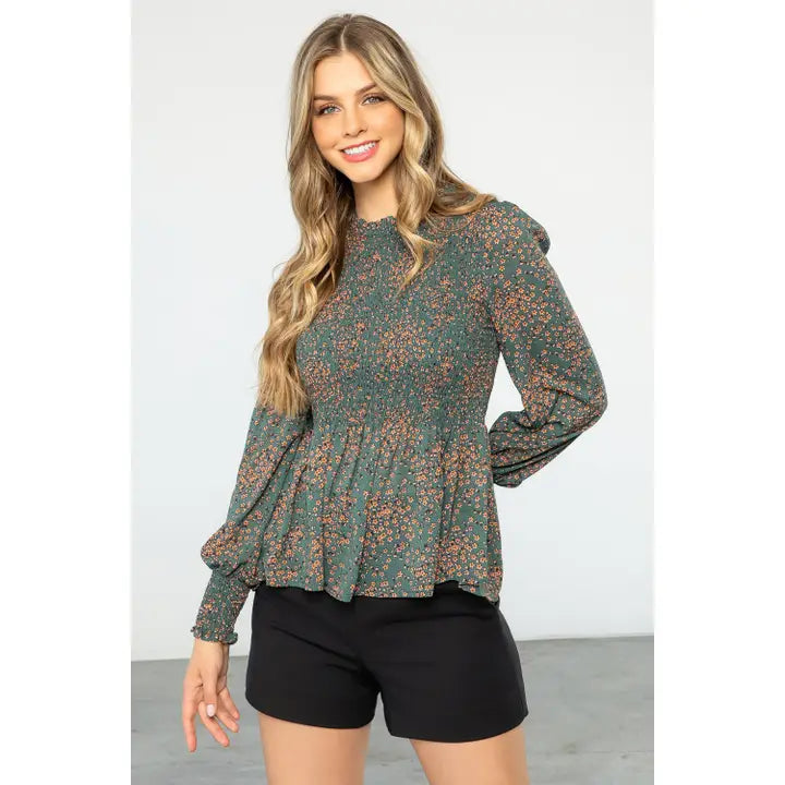 Women's L/S Smocked Floral Print Blouse in Teal