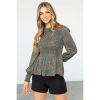 Women's L/S Smocked Floral Print Blouse in Teal