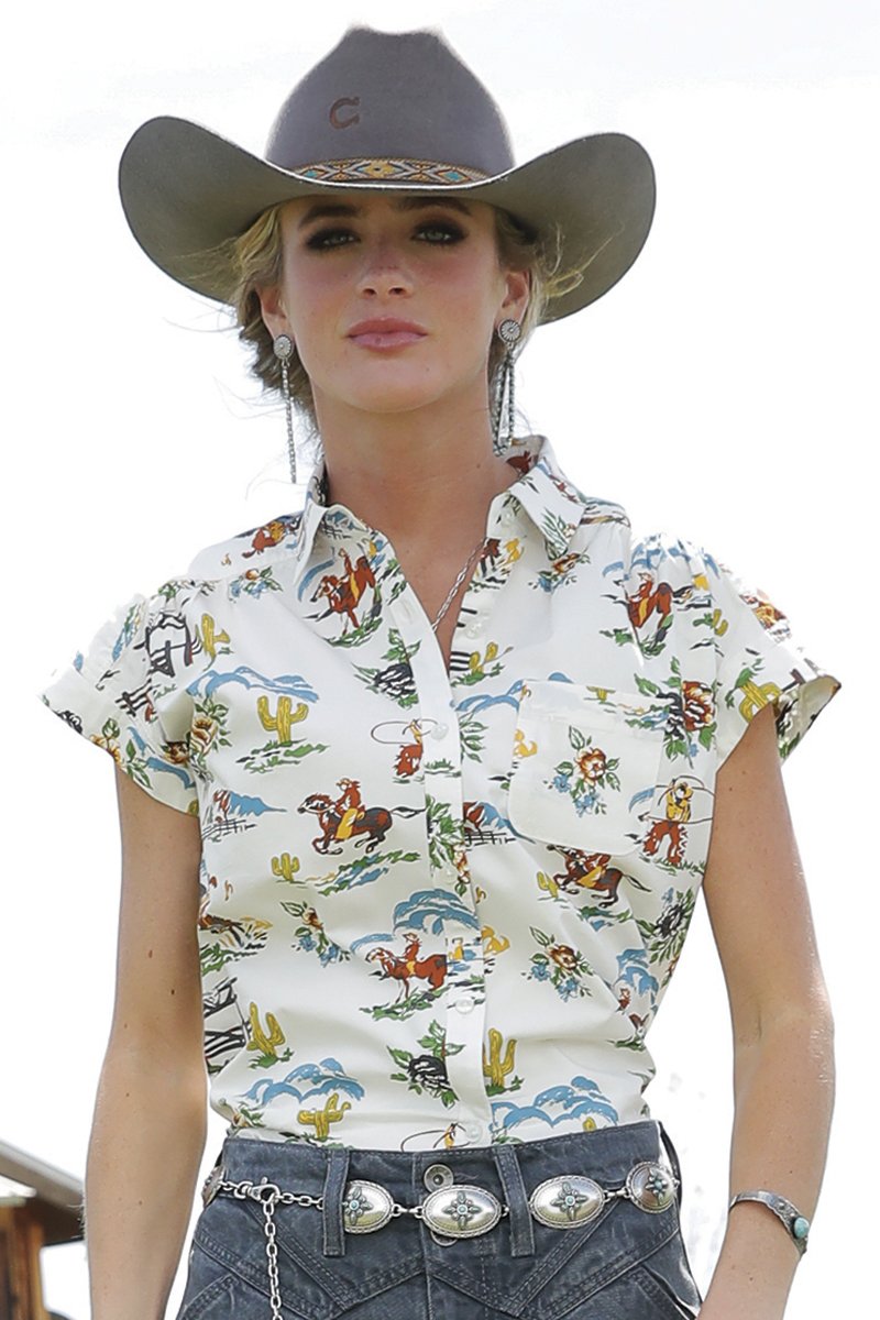 Cruel Women's S/S Cowboy Print Button Down Blouse in Cream