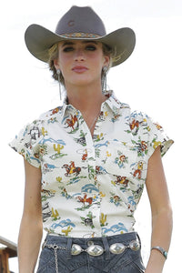 Cruel Women's S/S Cowboy Print Button Down Blouse in Cream