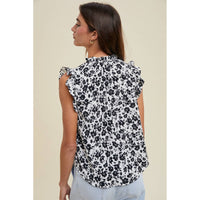 Women's Floral Ruffle Sleeve Blouse in Black and White