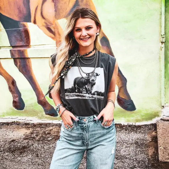 Women's Hereford Bull Graphic Muscle Tee in Charcoal