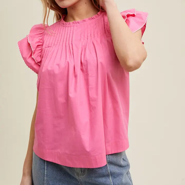 Women's Contrast Stitching Ruffle Sleeve Blouse in Punch