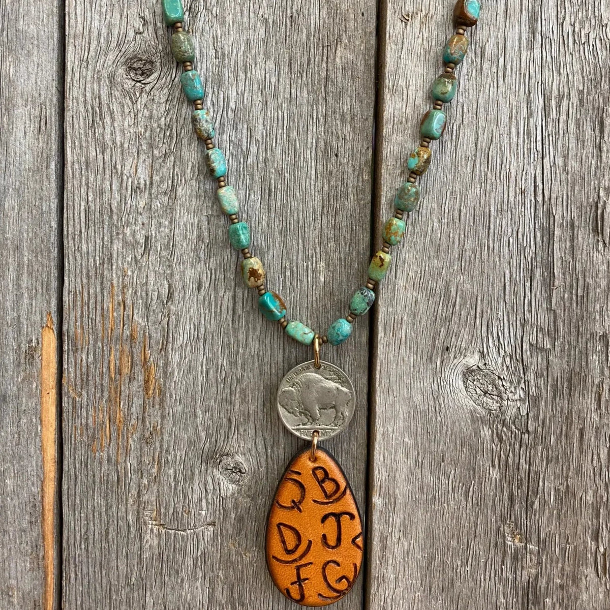 J Forks Kingman Turquoise & Leather Letter Branded Teardrop Necklace