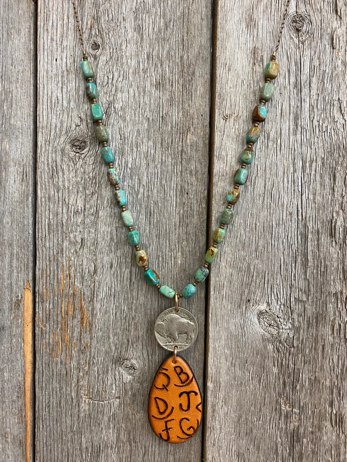 J Forks Kingman Turquoise & Leather Letter Branded Teardrop Necklace