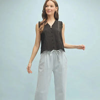 Women's Sleeveless Floral Trim Blouse in Black