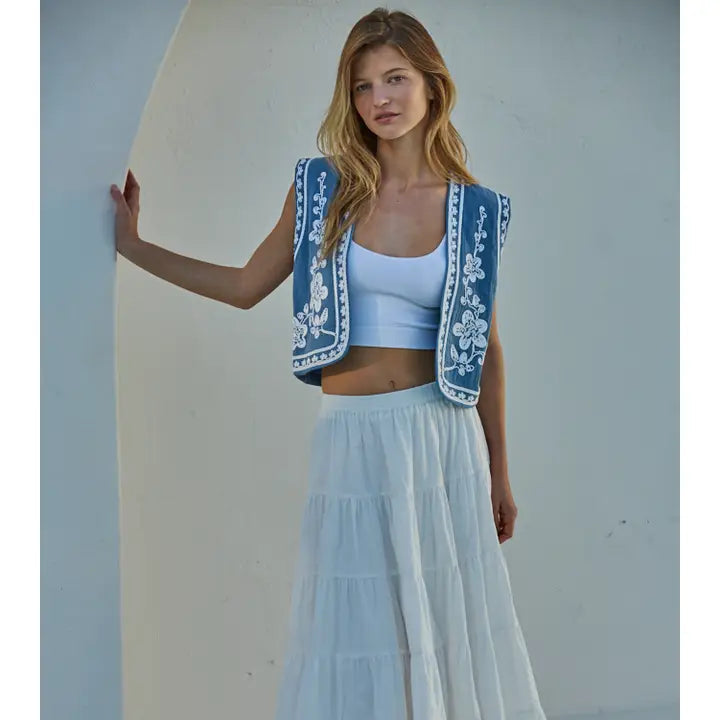 Women's Sleeveless Floral Embroidered Open Front Vest in Dusty Blue