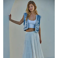 Women's Sleeveless Floral Embroidered Open Front Vest in Dusty Blue