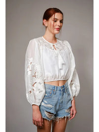 Women's L/S Tie Neck Lace Embroidered Cropped Blouse in White