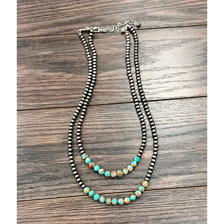 24" Two Strand Navajo Inspired Bead and Stone Necklace