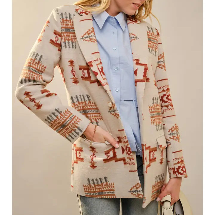 Women's Aztec Pattern Pearl Button Blazer in Taupe – Branded