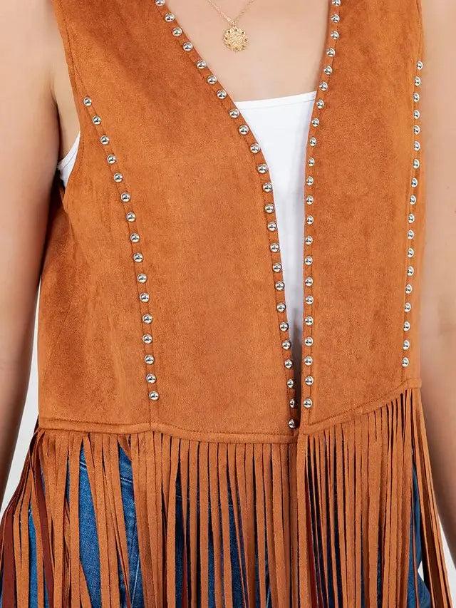 Women's Studded Long Fringe Faux Suede Vest (Available in Two Colors)