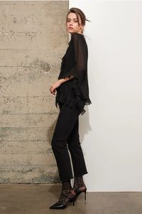 Women's L/S Sheer Chiffon Flutter Sleeve Blouse in Black