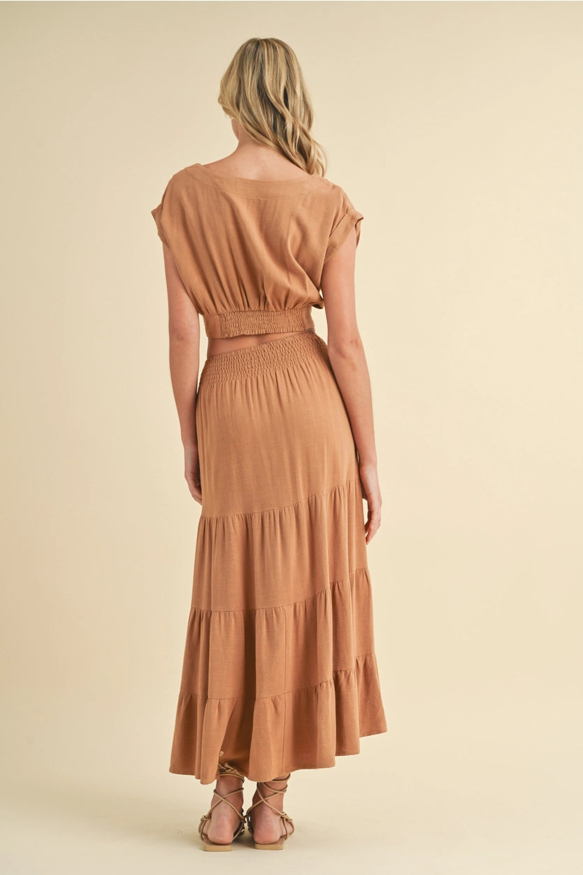 Women's 2-Piece Linen Skirt and Top Set in Camel Brown