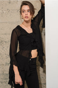 Women's L/S Sheer Chiffon Flutter Sleeve Blouse in Black