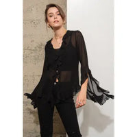 Women's L/S Sheer Chiffon Flutter Sleeve Blouse in Black