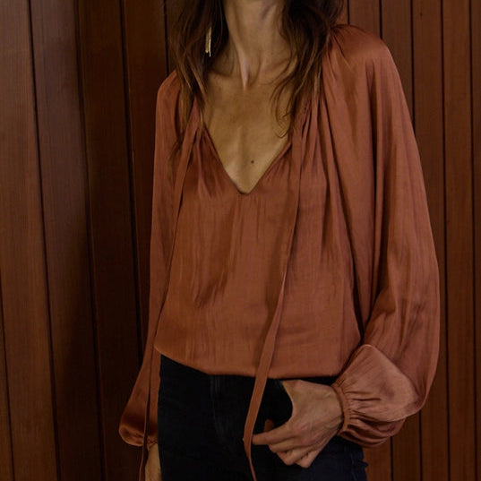 Women's L/S Satin Tie Neck Blouse