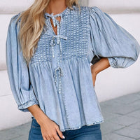 Women's Denim Pintuck Bow Tie Blouse in Light Wash