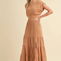 Women's 2-Piece Linen Skirt and Top Set in Camel Brown