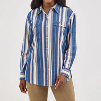 Wrangler Women's Retro L/S Boyfriend Western Snap Shirt in Blue Stripe