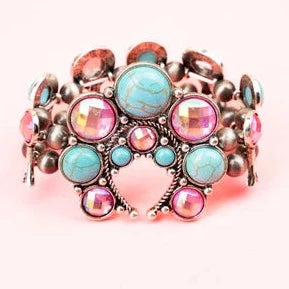 Western Madison Heights Turquoise and Pink Silver Tone Stretch Bracelet