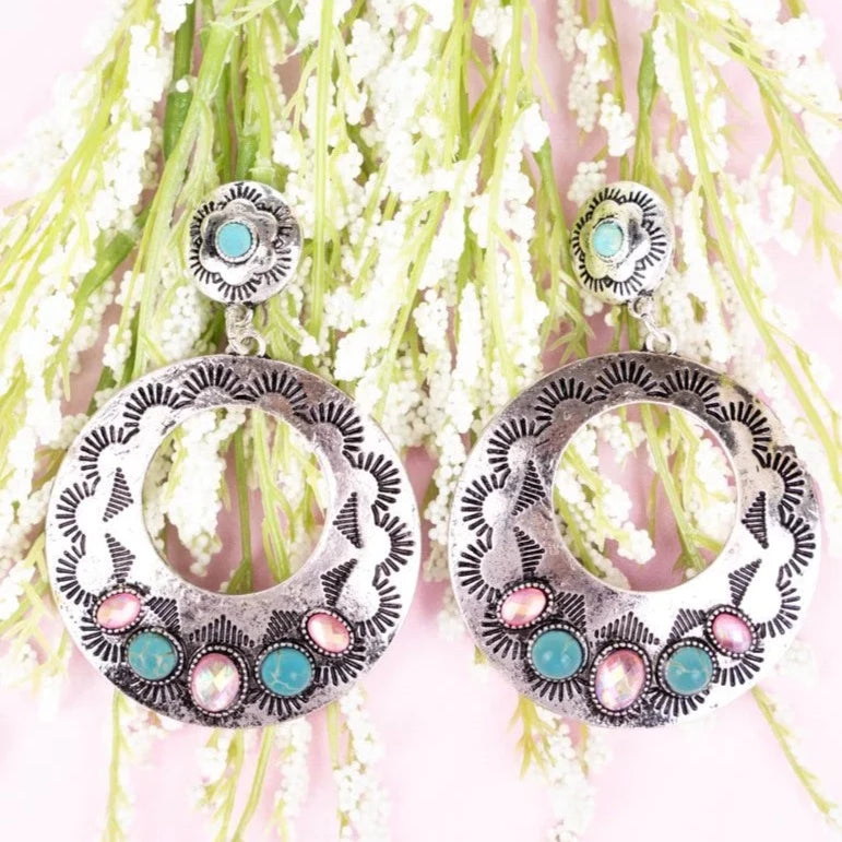 2.75" Western Stamped Round Pink and Turquoise Post Earrings