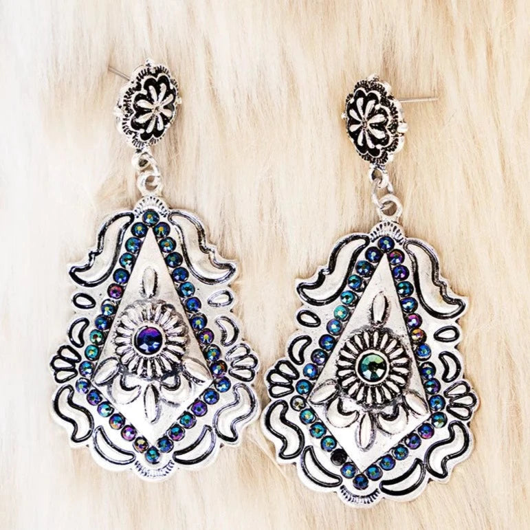 Silver Concho and Stone Western Post Earring Multiple Colors