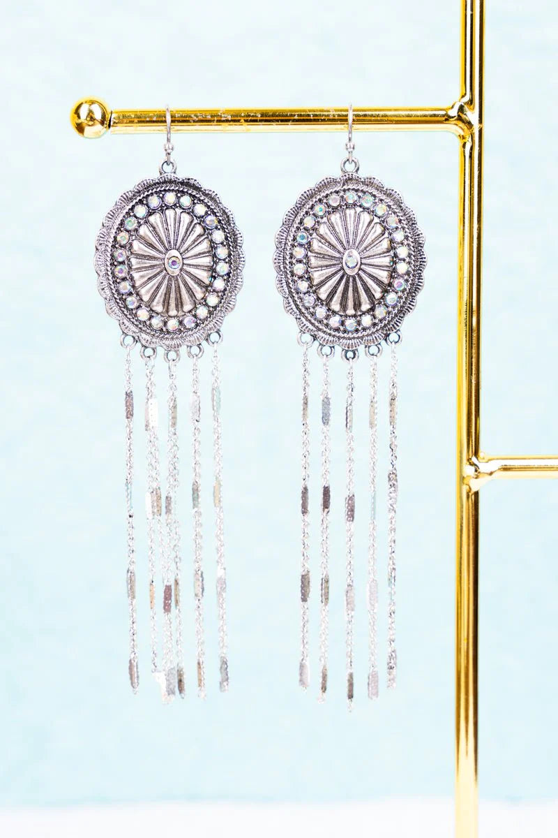 Western Show Stopper Sunburst Concho with Crystal Accents Fringe Earrings (Multiple Colors Available)