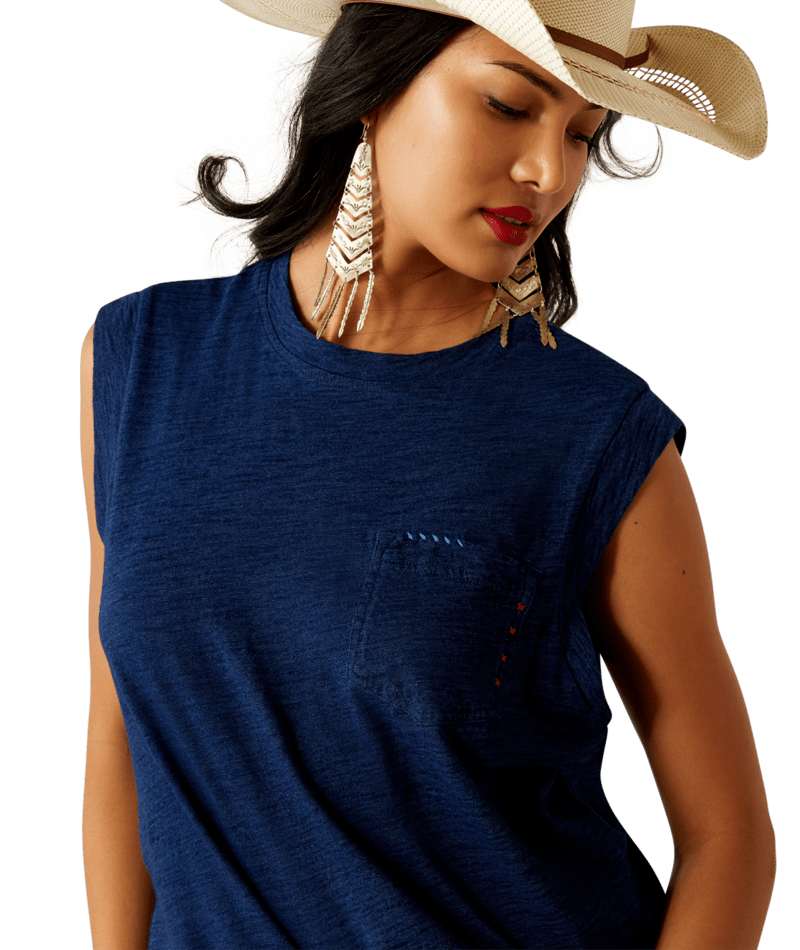 Ariat Women's Repaired Solid Sleeveless Pocket T-Shirt in Indigo