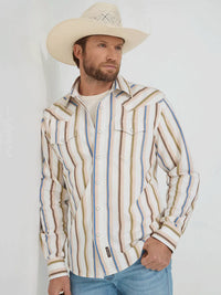 Wrangler Retro Men's L/S Premium Stripe Western Snap Shirt in Natural (Available in Tall Sizes)