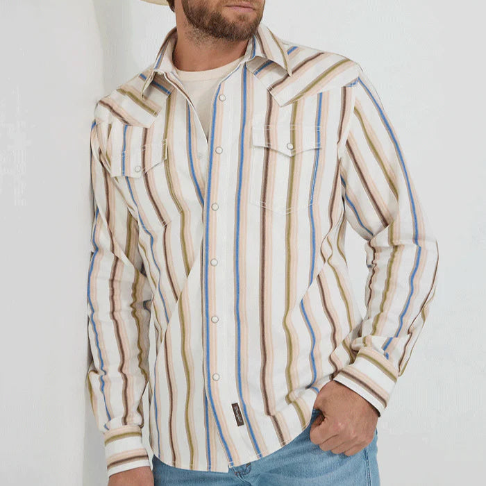 mens retro dress shirts Wrangler Retro Men's L/S Premium Stripe Western Snap Shirt in Natural –  Branded Country Wear