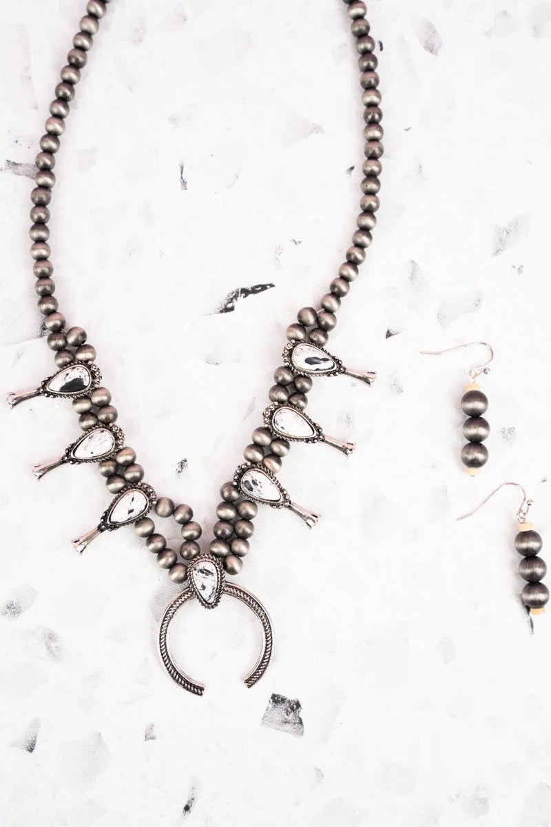 Western Navajo Pearls with Black & White Marbled Squash Blossoms Necklace and Earring Set