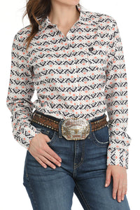 Cinch Women's L/S Arenaflex Aztec Western Button Down Shirt in White